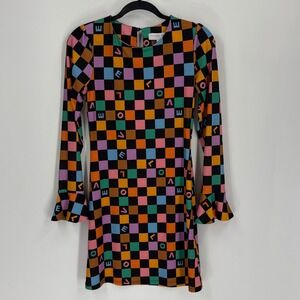Never Fully Dressed Love Checkerboard Mini Dress Multicolor Bell Sleeve US 2 NEW